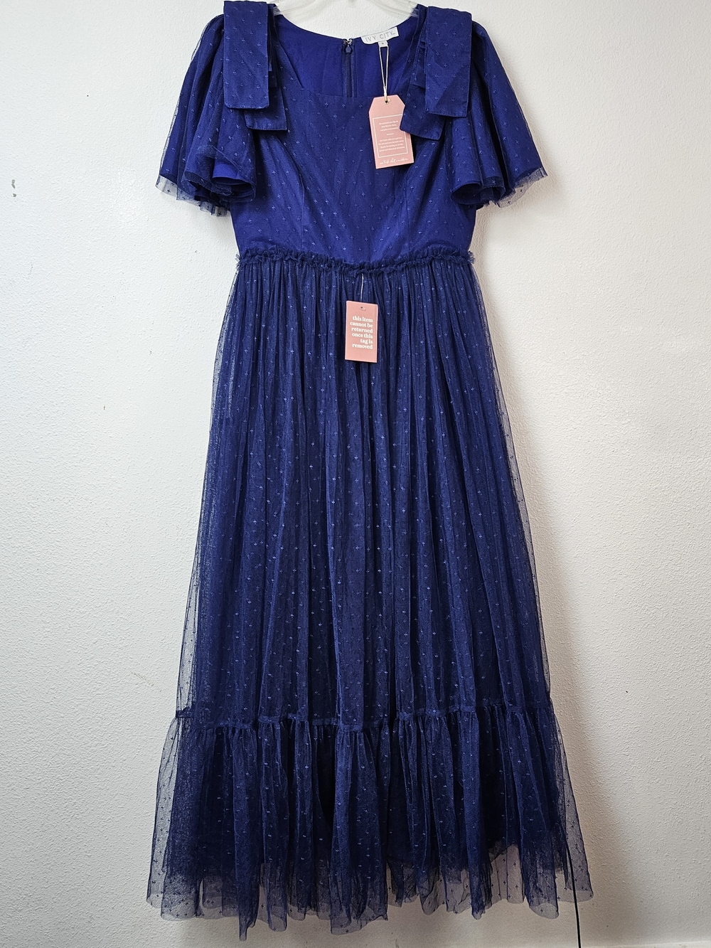 Ivy City Co. Swiss Dot Tulle Midi Dress Size Medium New Blue
